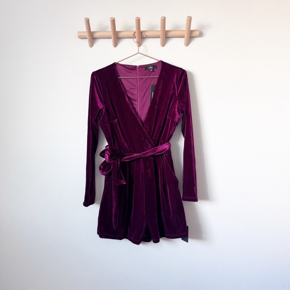 Lulu's Velvet Long Sleeve Romper in DeepMaroon Red - Picture 3 of 12